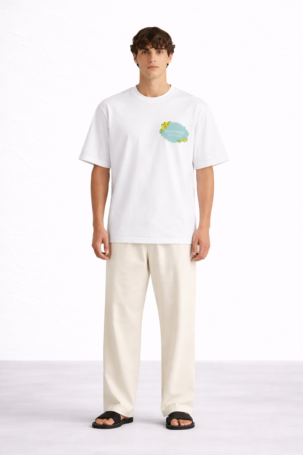 T-shirt oversize unisexe Santorini – style grec méditerranéen maisons blanches – KAHMYR